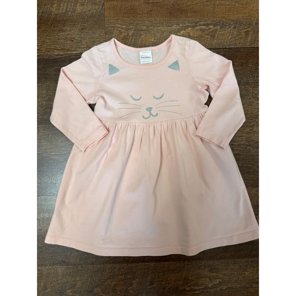 Hanna Andersson Girls Pink Cat Dress 3T Silver Glitter Kitty 100% Cotton
